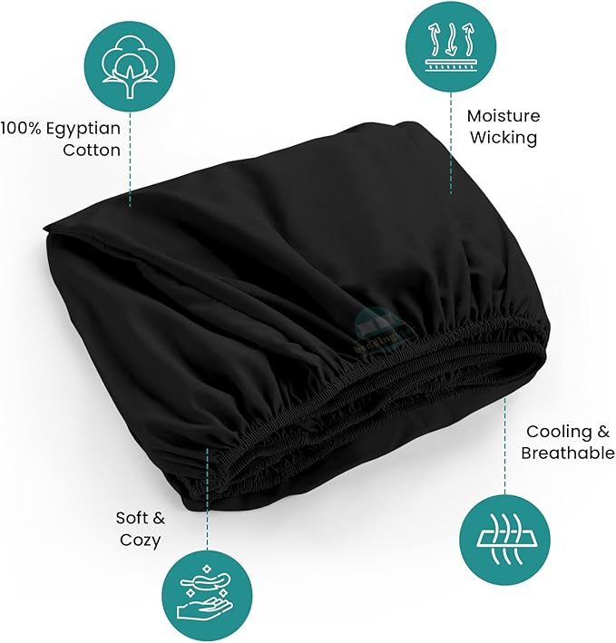 Full Fitted Sheet 54 x 75 Inches 6" Deep Pocket 100% Egyptian Cotton 600 Thread Count Snug Fit for Trifold Mattress, Narrow Twin, Camp Bunk, Guest Bed, Army Cot Soft & Breathable – Black