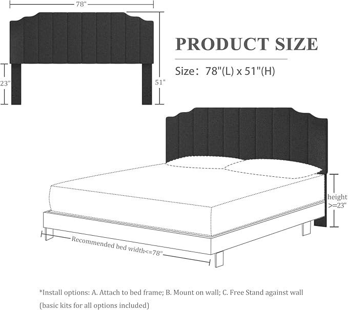 Befurtori King Size Headboard Only, Linen Wall Mounted Headboard King for Adjustable Bed Modern Upholstered Head Board Easy Assembly, Dark Gray