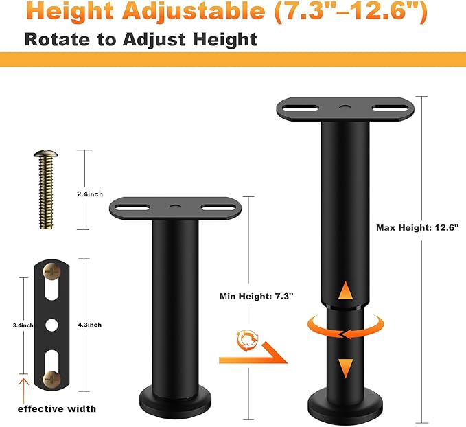 4 Pack Adjustable Bed Support Legs 7.3"-12.6", Heavy Duty Thick Carbon Steel Bed Legs Replacement with Rubber Pads, Easy Install on Bed Frame or Slats