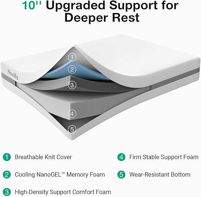 Novilla Full Mattress, 10 Inch NanoGEL™ Memory Foam Mattress Full Size for Cooling Rest, Upgraded Dual-Support for Spinal Alignment & Durability, Medium Firm Foam Mattresses with Breathable Cover