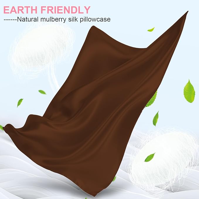 Silk Pillow Cases 2 Pack King Size with Hidden Zipper, Mulberry Silk Pillowcase for Hair and Skin, Smooth and Soft Breathable Cooling Silk Satin Pillowcase Set of 2, Gifts for Women，Brown