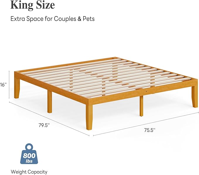 DUMOS King Solid Bed Frame Wood 16 Inches, Sturdy Platform Bed with Heavy Duty Wood Slat Support, No Box Spring Needed, Easy Assembly, Natural Pine