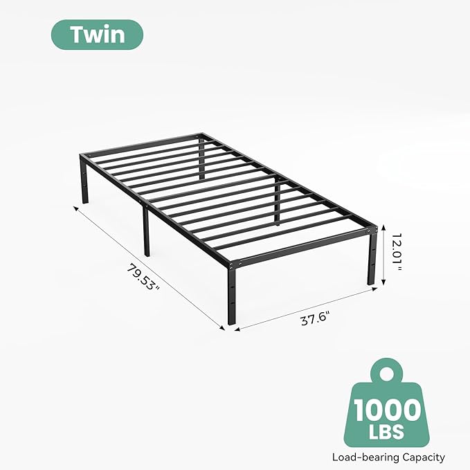 Sweetcrispy Twin Size 12 Inch Platform Bed Frame, Heavy Duty Metal Foundation Frame, Noise-Free Sturdy Steel Slats, Underbed Storage, No Box Spring Needed, Quick Setup