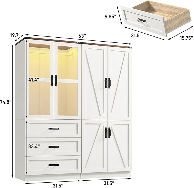 75" Tall Farmhouse 4 Doors Armoire Wardrobe Closet with 3 Drawers and LED,Freestanding Closet Wardrobe Cabinet for Bedroom with Hanging Rod,Wooden Armoire Storage Cabinet Adjustable(Rustic Off White)