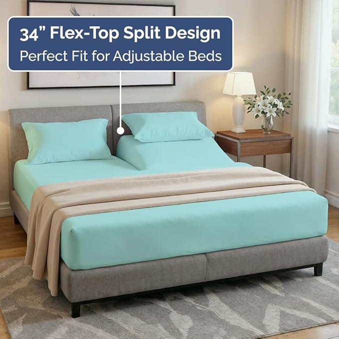 Flex Top Split Head King 4 Piece Sheet Set - Soft, Breathable & Cooling Bed Sheets Set - Hotel Luxury Bedding for Women & Men with Deep Pockets - Wrinkle Free & Fade Resistant - Oeko-Tex - Spa Blue