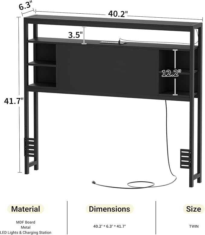 Unikito Twin Headboard with Storage, Headboards with Power Outlet and Smart LED Lights, Sturdy Head Board for Twin Size Bed, Stable Headboard Only for Bedroom, Dorm Room, Guest Room, Black