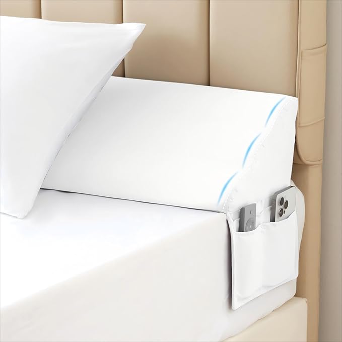 MEGCXIT Queen Bed Wedge Pillow for Headboard, 60"x10"x6", Bed Gap Filler, Headboard Pillow, Anti-Slip Gap Pillow with Side Pockets, Removable Cover, White