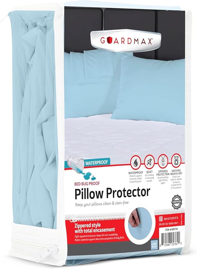 Guardmax Waterproof Pillow Protector Light Blue King Size - Zippered Bed Bug Pillow Protector 6 Pack - Hypoallergenic Pillow Case Cover Protects from Bedbug, Dust Mite, and Liquid Spills - (20 X 36)