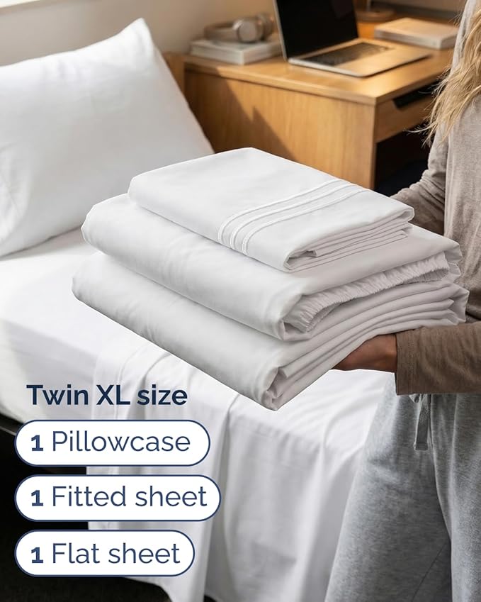 Twin XL Size 3 Piece Sheet Set - Comfy Breathable & Cooling Sheets - Hotel Luxury Bed Sheets for Women & Men - Deep Pockets, Easy-Fit, Extra Soft & Wrinkle Free Sheets - White Oeko-Tex Bed Sheet Set