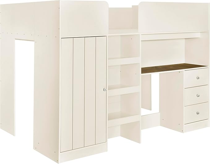Harper & Bright Designs Full Size Loft Bed with Desk, Wood Full Loft Bed Frame with Built-in Wardrobe, Storage Shelves and Drawers, Beige