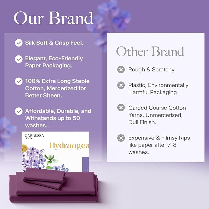 Carressa Linen 100% Egyptian Cotton Twin XL Sheets Set - 600 Series Hydrangeas Collection Luxury Egyptian Cotton Sheets Twin XL Size (3 PC, Plum), 16" Deep Pocket, Sateen Weave Bedding