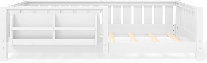 Bellemave Twin Size Kids Montessori Bed with Bookshelf,Solid Wood Twin Floor Bed Frame with Fence and Slats for Girls Boys,Low-Profile,White