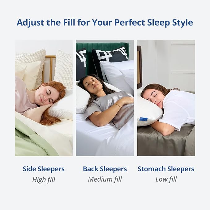 Cosy House Collection 2-Pack Luxury Rayon Derived From Bamboo Shredded Memory Foam Pillow - Adjustable & Removable Fill - Cool & Breathable Cover with Zipper for Side, Back, & Stomach Sleepers (Queen)