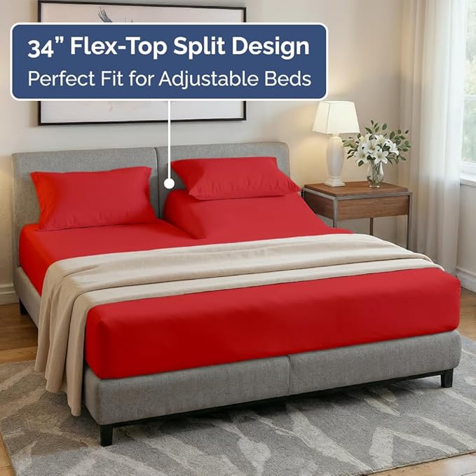 Flex Top Split Head King 4 Piece Sheet Set - Ultra-Soft, Breathable & Cooling Bed Sheets Set - Hotel Luxury Bedding for Women & Men with Deep Pockets - Wrinkle Free & Fade Resistant - Oeko-Tex - Red