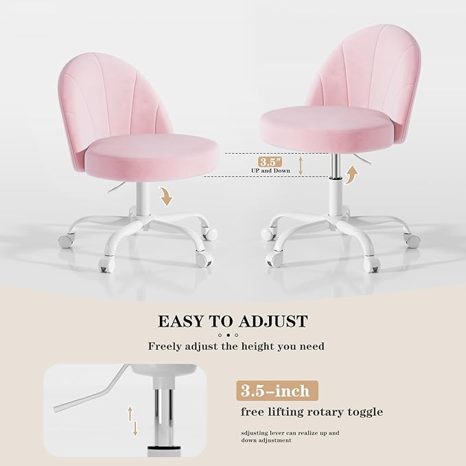 Velvet Vanity Chair with Wheels, Height Adjustable Swivel Makeup Chair, Armless Small Desk Chair for Bedroom/Office/Vanity Table, 250 lbs Capacity (Velvet, Pink)