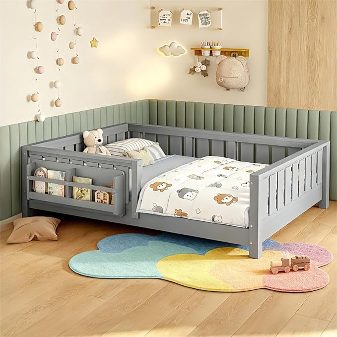 Bellemave Full Size Floor Bed Frame with Fence & Bookshelf, Solid Pinewood Montessori Floor Bed Full with Slats Load 450LBS, Low Profile Floor Bed for Kids, Bedroom, Nursery, Easy Assembly, Grey