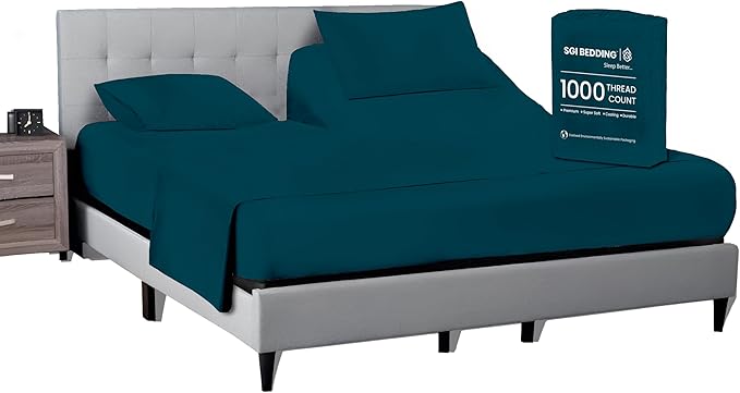34 Inch Top Split King Flex Head Sheet Set for Sleep Number Beds -1000 Thread Count Egyptian Cotton sheet Set Teal Solid fits upto 15 inch Deep Mattress 1 Fitted sheet 1 Flat/Top Sheet 2 Pillowcase