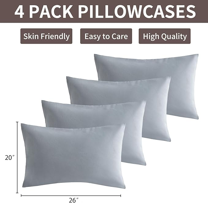 MINIPANDA Light Grey Pillowcases Set of 4 Standard Size- Gray Pillow Cases Super Soft, Smooth and Breathable - Envelope Design - Machine Washable Lightweight (20X26 Inches (4 PIECE))