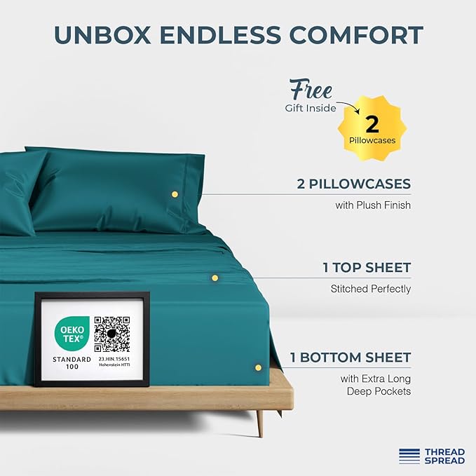 THREAD SPREAD 100% Egyptian Cotton Sheets California King Size - 1500 Series Cal King Sheets Egyptian Cotton (4 PC, Teal), Silky Soft, Sateen Weave, Cooling & Breathable, 17" Deep Pocket Bed Set