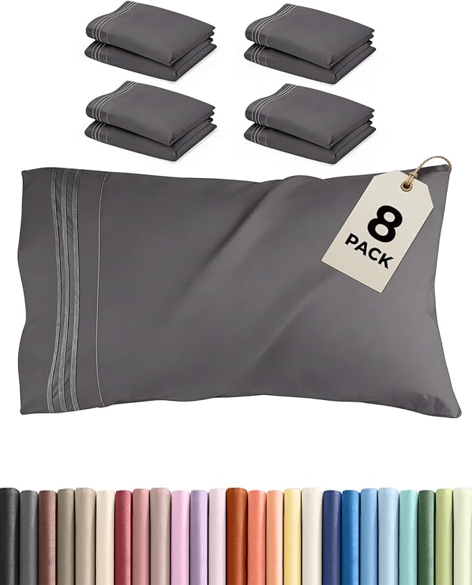 Queen Pillow Cases Set of 8 - Ultra Soft Hotel Quality Pillowcase Covers - Comfy, Cozy & Wrinkle Free - Shrink, Stain and Fade Resistant - Machine Washable Pillow Protectors - 8 Piece Set - Dark Grey