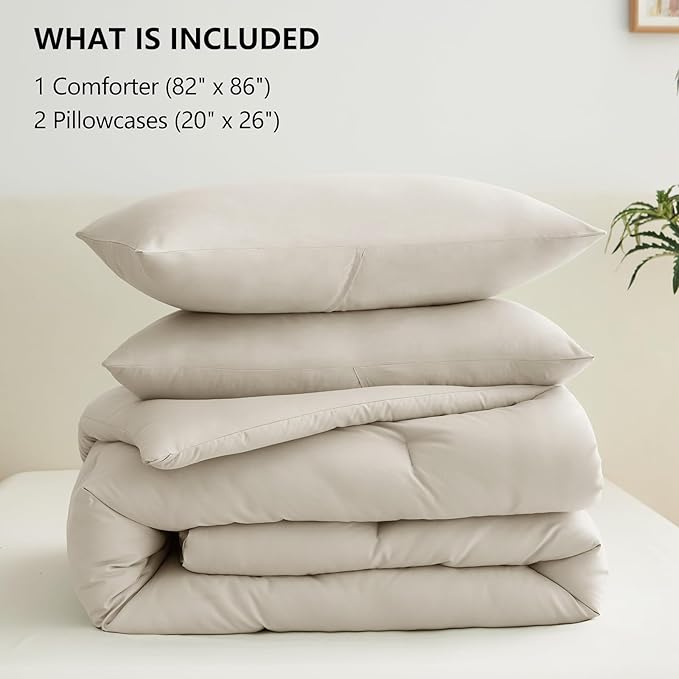 CozyLux Full Size Comforter Set Beige, 3 Pieces Solid Breathable Quilted Bedding Sets, Luxury Lightweight Soft Bed Set with Down Alternative Comforter and 2 Pillowcases for All Seasons