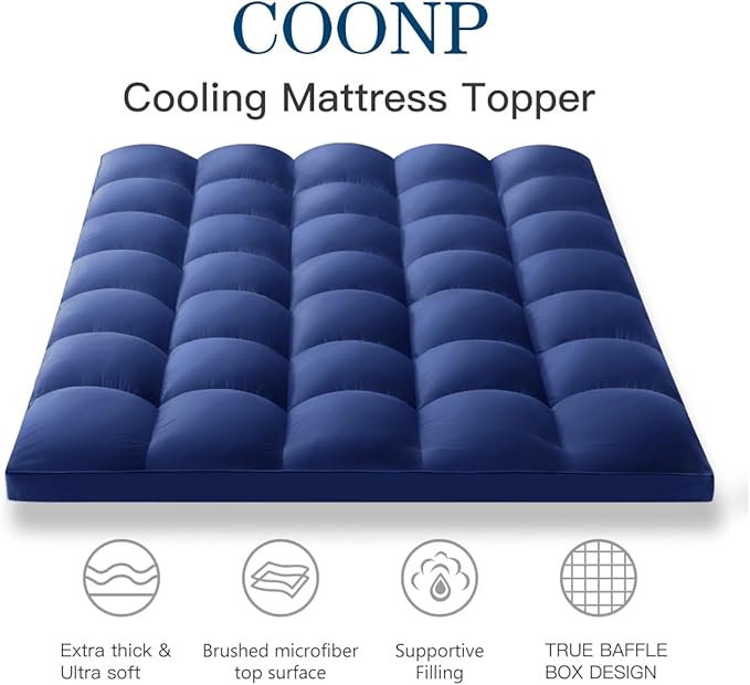 COONP Twin XL Mattress Topper, Extra Thick Pillowtop, Cooling Plush Mattress Pad Cover Bed Topper Protector with 8-21 Inch Deep Pocket (Navy Blue, Twin XL)