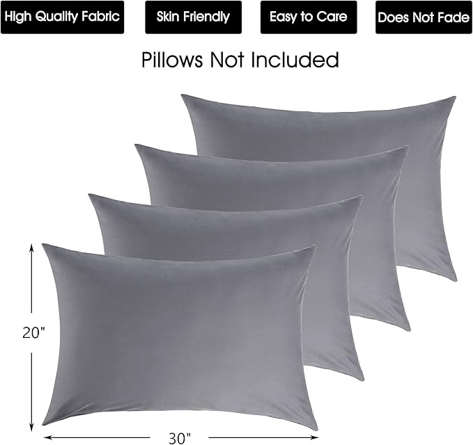 Cotton Pillow Protectors/Cases Queen Size with Zipper 4 Pack Grey Color,Cooling & Breathable Bed Pillow Protectors Set of 4 Pillow Cases Cover (Queen Size 20" x 30")