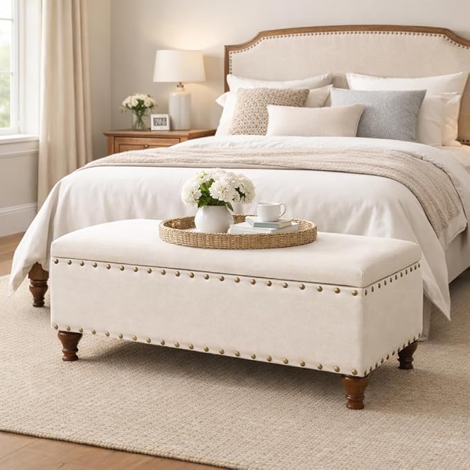 HomePop Large Storage Bench with Nailhead Trim - Cream
