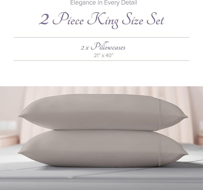 Carressa Linen 100% Egyptian Cotton King Size Pillow Cases Set of 2 - Luxury 600 Series Hydrangeas Collection King Pillowcases (Taupe), Soft Cooling, Sateen Weave Hotel Quality Bed Pillow Cover