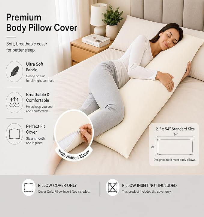 EVOLIVE Ultra Soft Microfiber Body Pillow Cover/Pillowcases 21"x54" with Hidden Zipper Closure (Ivory, 21"x54" Body Pillow Cover)