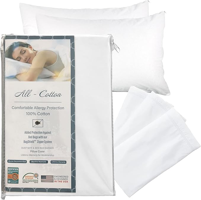National Allergy Premium 100% Cotton Zippered Pillow Protector - Standard Size - White - 300 Thread Count - Hypoallergenic Bed Pillowcase with Zipper - Breathable Encasement Cover