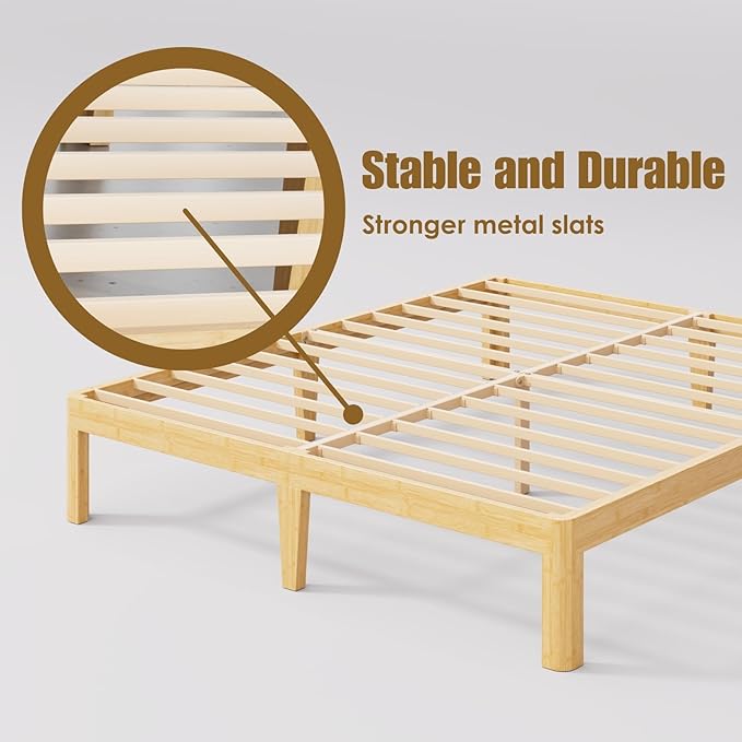 14 Inch High Bamboo Wood King Size Bed Frame Platform, Metal Slat Support King Bed Frame, No Box Spring Needed, Easy Assembly, Noise Free, Reinforced