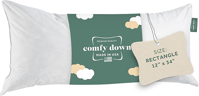 ComfyDown 12x34 Throw Pillow Insert, Down & Feather Fill, 100% Cotton Cover, Made in USA – Premium Soft Lumbar Decorative Pillow Form Sham Stuffer for Bed, Sofa & Couch
