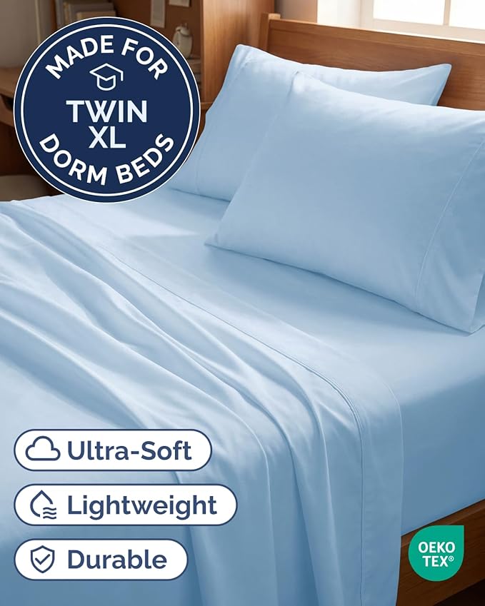 Twin XL 4 Piece Sheet Set - Comfy Breathable & Cooling - Hotel Luxury Bedding for Women, Men, Kids, Teens & Children - 1 Flat & 1 Fitted Sheet & 2 Pillowcases w/ Deep Pockets, Wrinkle Free - Baby Blue
