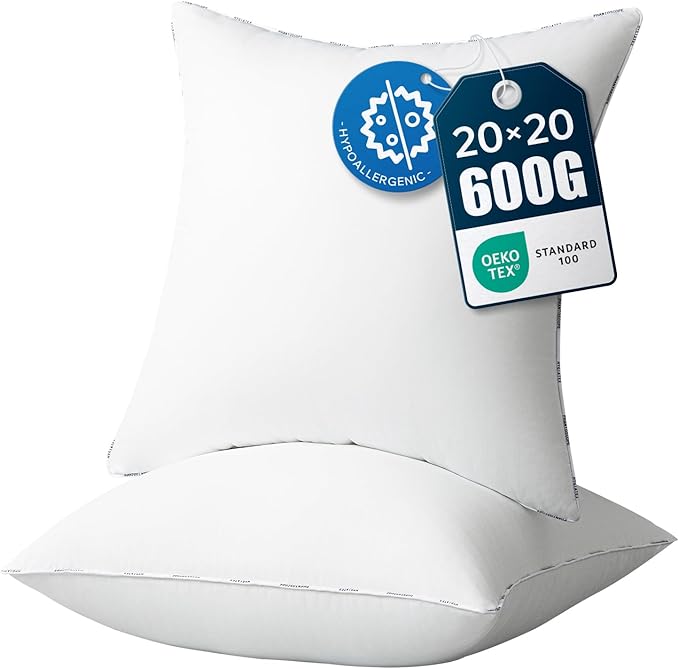 Phantoscope Hypoallergenic Throw Pillows Insert, 100% Virgin Fiber Throw Pillows - Indoor Pillow Inserts Decor Stuffer for Desk Sofa and Couch, Set of 2, 20 x 20