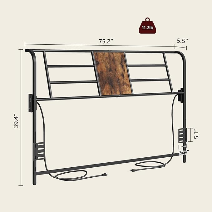 MAHANCRIS King Size Headboard Only, Metal Headboard with 2 Power Strips, Reclining Backrest, with Bed Frame Adapters, Easy Assembly, Rustic Brown and Black