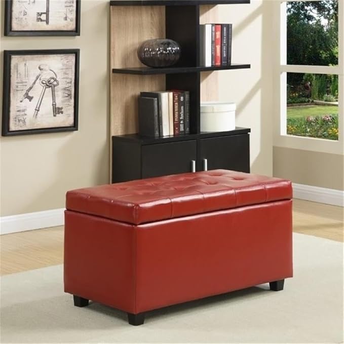 SIMPLIHOME Cosmopolitan Storage Ottoman - 34 inch Wide Upholstered Vegan Leather Rectangle Storage Ottoman Bench in Red, Transitional Tufted Ottoman for Living Room or Entryway with Lift-Up Lid