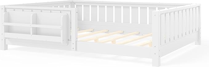 Bellemave Full Size Kids Montessori Bed with Bookshelf,Solid Wood Full Floor Bed Frame with Fence and Slats for Girls Boys,Low-Profile,White