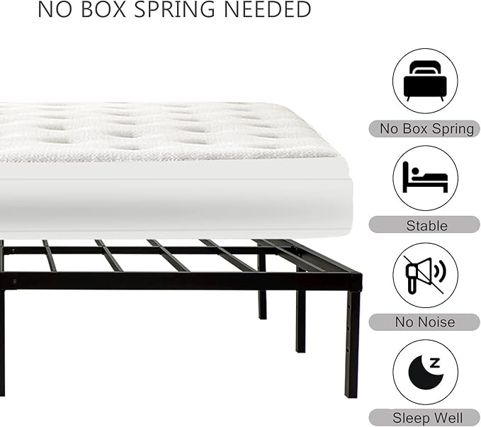 Wulanos Queen Size Bed Frame, 3500lbs Heavy Duty Metal Platform with Steel Slats Support, Sturdy and Noise-Free, 14 Inches High Bedframes with Ample Storage, No Box Spring Needed