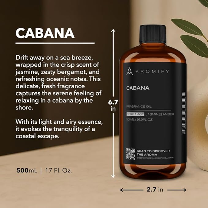 Cabana Diffuser Oil,16.9 FL Oz, 500 mL Diffuser Fragrance Oil for Home, Spa & Office, Luxury Hotel Blend of Natural Essential Oil, Bergamot, Jasmine & Amber Scents