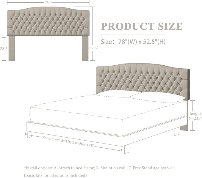 Furpopup Velvet Upholstered Headboard King/Cal King Size Latest Model Wall Mount, Bed Frame Mount, Featuring High-Density Sponge Padding, Luxury Texture Easy Assembly and Style-Light Warm Gray/Taupe