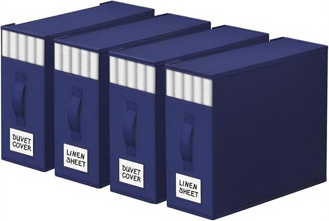 StorageTastic 4 Pack Bed Sheet Closet Organizers and Storage,Sturdy Foldable Storage Containers with Window and Label,Storage and Organization for Bedding Sheets,Duvet Covers,Blankets (Blue)