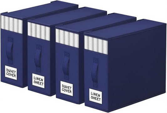 StorageTastic 4 Pack Bed Sheet Closet Organizers and Storage,Sturdy Foldable Storage Containers with Window and Label,Storage and Organization for Bedding Sheets,Duvet Covers,Blankets (Blue)