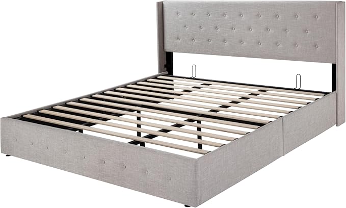 SHA CERLIN King Size Lift Up Storage Bed Frame,Button Tufted Wingback Headboard,Upholstered Platform,Hydraulic Storage,Wooden Slat Support,No Box Spring,Light Beige