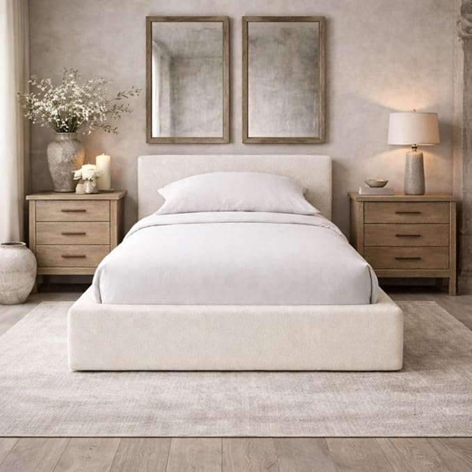 Square Bed – Washable Cover - Soft Upholstered Linen - Minimalist Modern - Sold Separately (Waterproof Cream Linen, Twin Headboard)