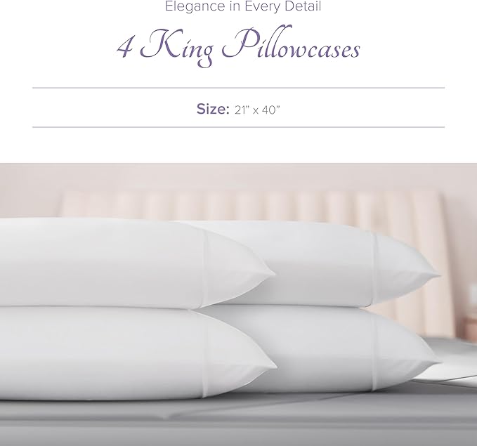 Carressa Linen 100% Egyptian Cotton King Size Pillow Cases Set of 4 - Luxury 600 Series Hydrangeas Collection King Pillowcases (White), Soft Cooling, Sateen Weave Hotel Quality Bed Pillow Cover