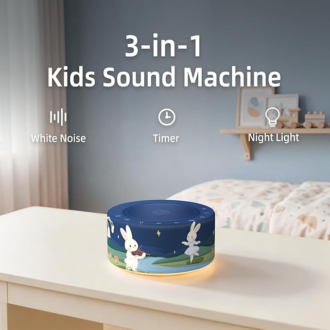 Kipcush White Noise Machine - Soft Non-Glare Nursery Lamp, 30 Soothing Sounds, 8 Color Lights, Max 8-Hour Timer for Baby & Adults