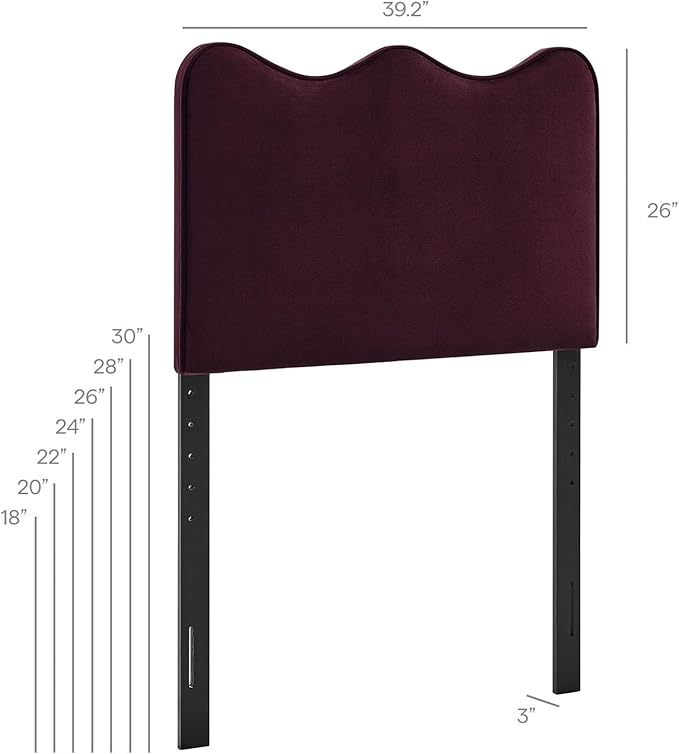 Monday Athena Twin Size Performance Velvet Adjustable Headboard in Mulberry - with Scalloped Wave Design and Stain-Resistant Velvet Upholstery