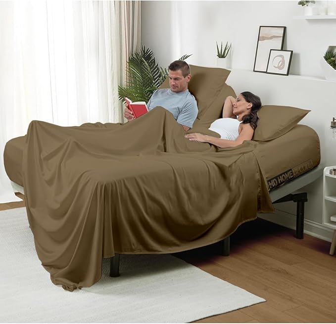 4 Piece Split Head Flex Sheet Set, 34" Top Split King Sheets for Adjustable Beds, 100% Egyptian Cotton, 16 Inch Deep Pocket, Soft Durable Breathable Sheets, Taupe Solid, Ideal for Adjustable Beds