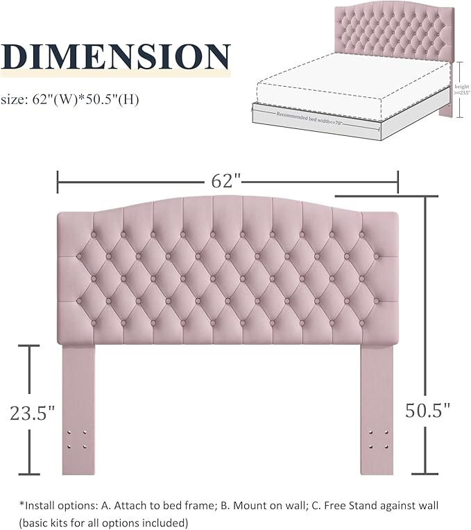Befurtori Queen Headboard Only, Upholstered Headboard for Adjustable Bed Velvet Tufted Queen/Full Size Wall Mounted Head Board with Solid Wood Legs Head Board, Pink